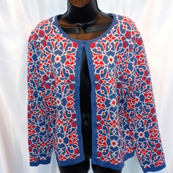C&K Designs Beautiful Vintage Large Knit Red, White Blue Sweater Jacket Size L - Picture 1 of 6